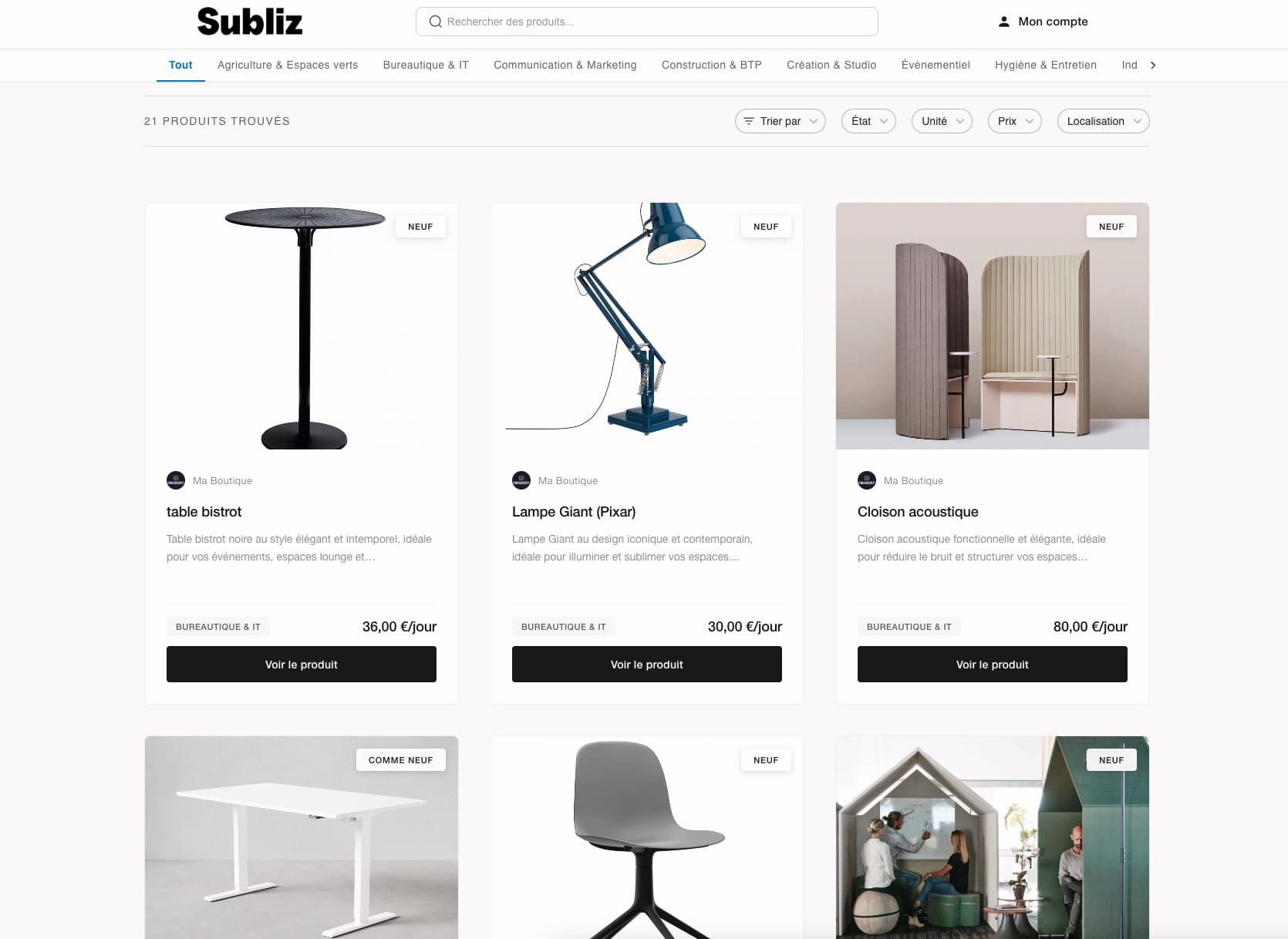 Marketplace location professionnelle subliz